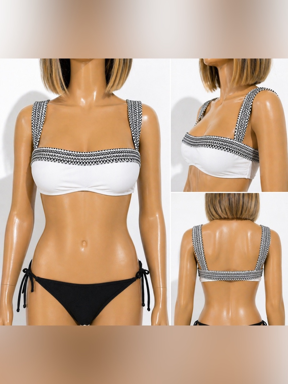 KISUII White Black Smocked Bandeau Bikini Top Small Padded Swimwear